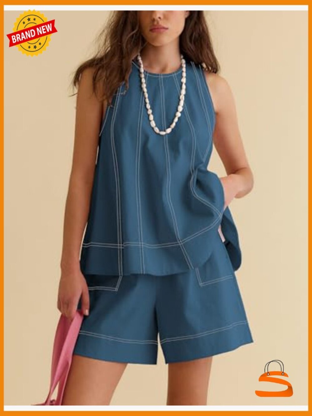 Casual 2 Piece Lounge Set Sleeveless Tank Top with Elastic Waist Shorts - Picture 3 of 7